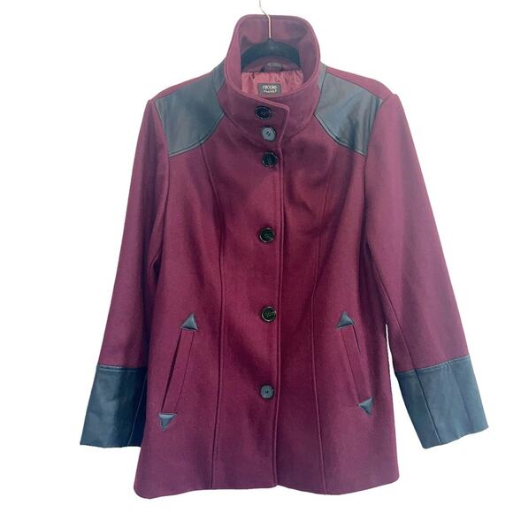 Nicole Miller Wool Peacoat Maroon Leather Trims L - Picture 1 of 8